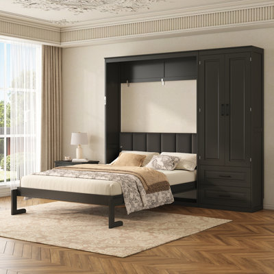 Lit escamotable avec armoire de rangement et tiroirs, tête de lit tapissier Murphy
