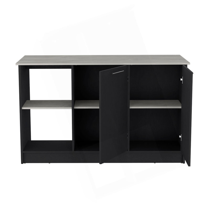 Kitchen Island with Large Top Surface, Double Door Cabinet, and Open Shelves Black / Ibiza Marble