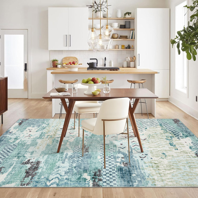 5'x7' Boho Abstract Machine Washable Area Rug with Non-Slip Rubber Backing - Low-Pile, Stain Resistant Carpet for Bedroom, Living Room