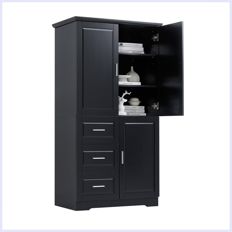 Tall And Wide Storage Cabinet With Doors For Bathroom/Office, Three Drawers, Black