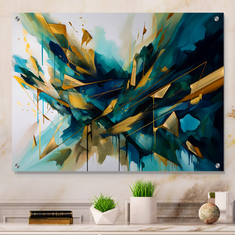 Golden Explosion Triangles VII - Art abstrait géométrique en acrylique, H 16 po x l 32 po