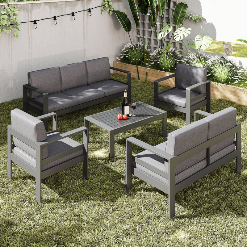 Arnhildur 5 - Person Patio Conversation Set with Cushions, Dark Gray, Dark Gray, 16"H x 43"W x 25"D