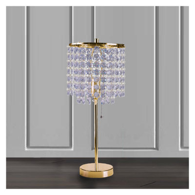 19 inch Gold Crystal Table Lamp with Hanging Crystal Beads - Polished Gold Finish for Glam & Transitional Living Rooms