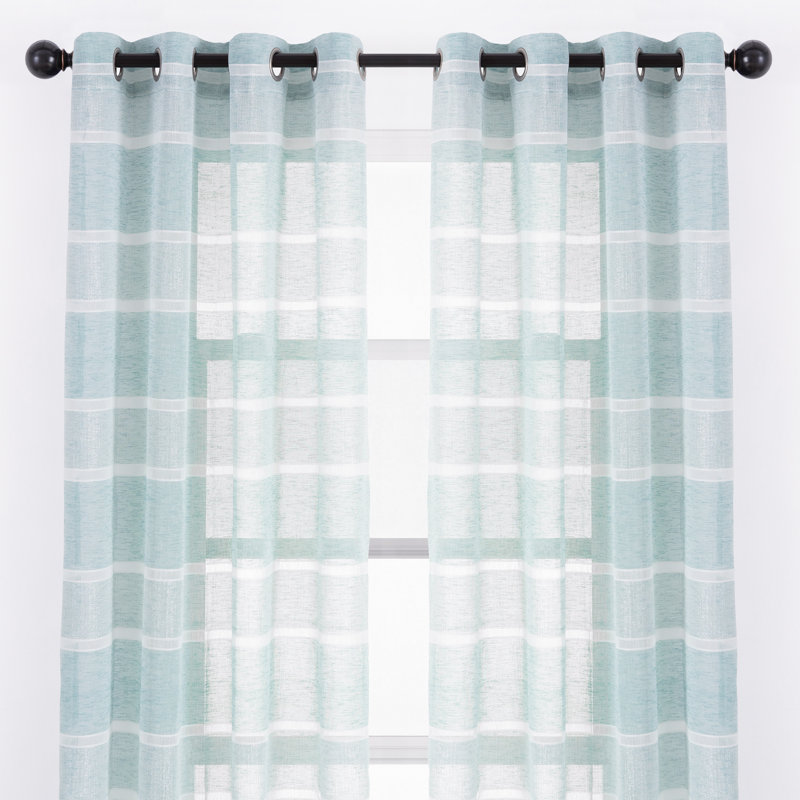 Dellhomme Striped Sheer Grommet Curtain Panels, Turquoise, 52" x 96"
