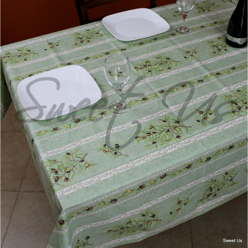 Wipeable Stain Resistant Acrylic Coated French Provencal Cotton Olive Floral Tablecloth, 116" x 60", Green