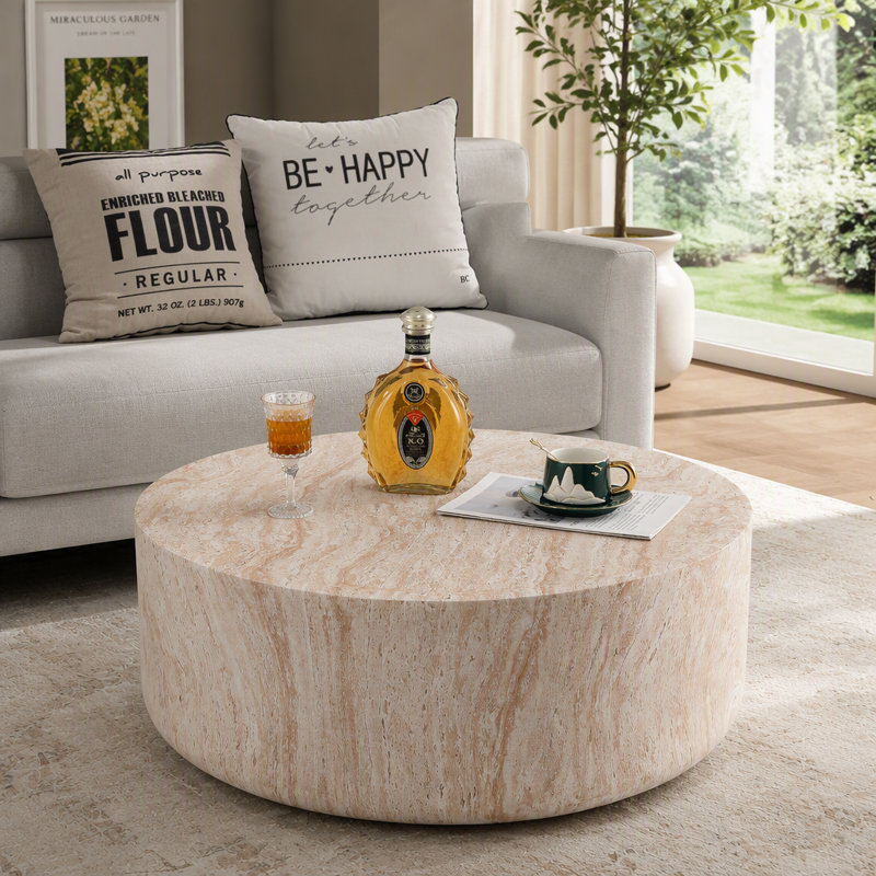 Table basse cylindrique ronde, table basse d'appoint basse en faux travertin Mgo, table centrale décorative d'intérieur et d'extérieur pour salon et terrasse, diamètre 81 cm x hauteur 30,5 cm