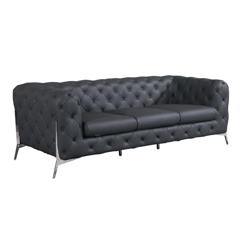 Ehrika Top Grain Italian Leather Sofa, Dark Gray Genuine Leather, Silver
