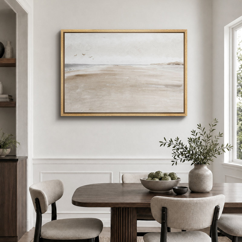 Minimal Landscape "Coastal Sandy Beach Seascape Artwork, Abstract Minimalist Neutral Decor Wall Pictures, Large Framed Canvas Giclee Print Wall Art"