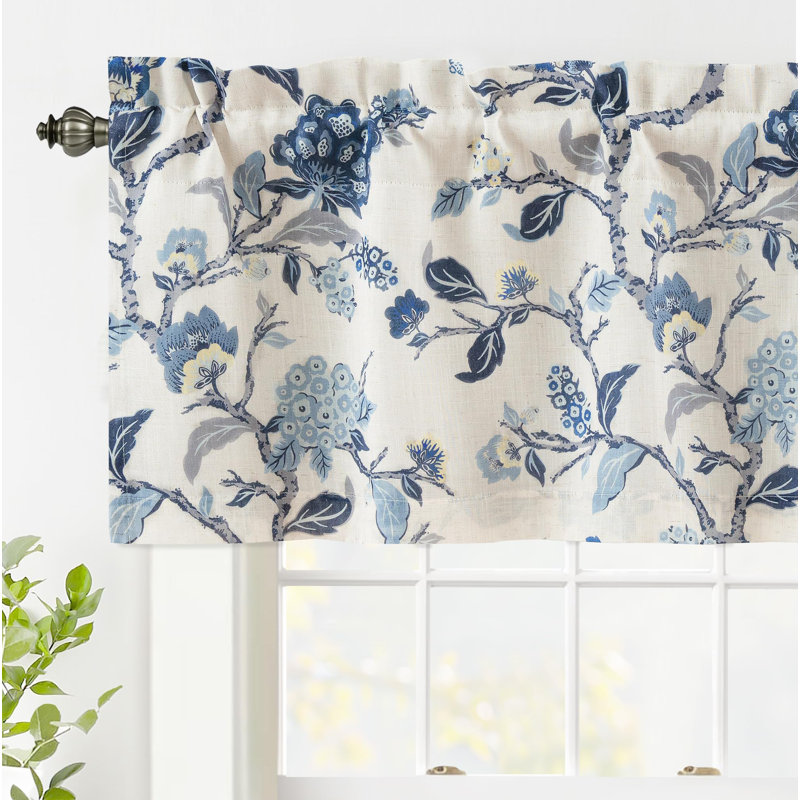 Ada Botanical Print Lined Flower Leaf Thermal Insulated Linen Blend Window Valance Rod Pocket, 52" W x 18" L, Linen Navy
