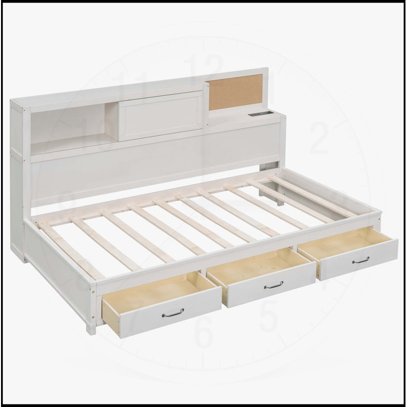 Wooden Daybed with 3 Storage Drawers, Upper Soft Board, Shelf, and Integrated Sockets and USB Ports, Twin, White