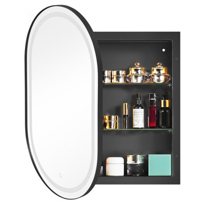 LED Lighted Oval Wall-Mounted Medicine Cabinet With Mirror Door And Interior Shelves