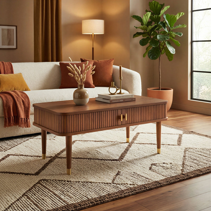 Corrigan Studio Mandea 39" Walnut Coffee Table with Storage Mid Century Danish Design and Brass-Style Hardware