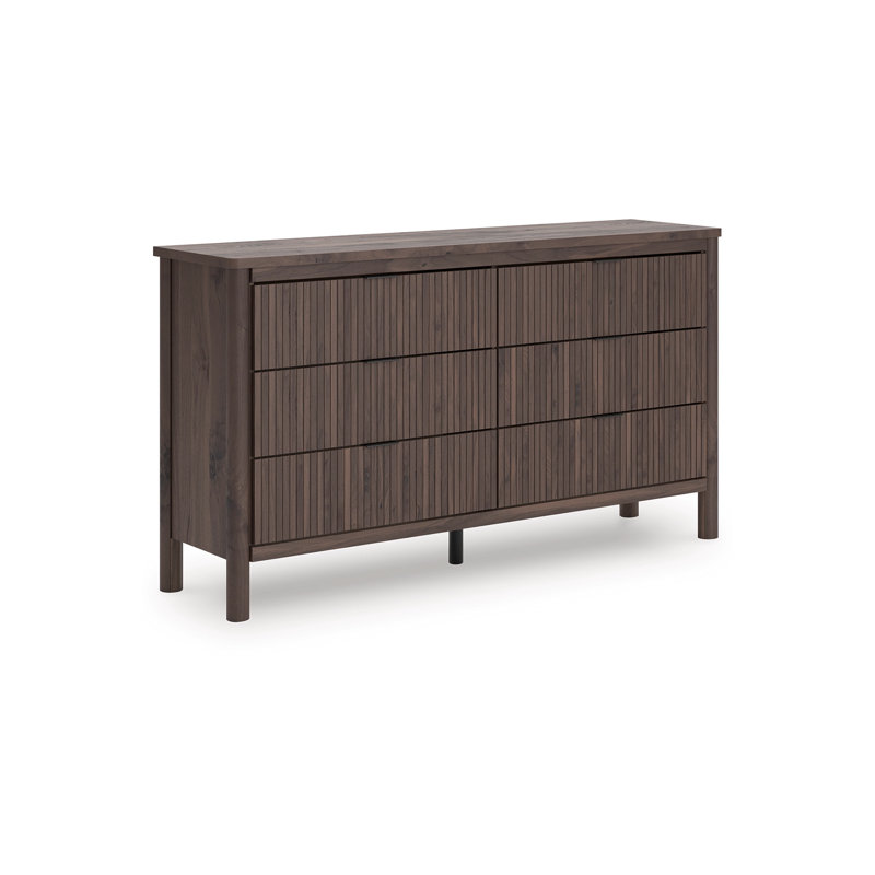 Commode large Pemy, 6 tiroirs, poignées noires, roseaux verticaux en bois brun