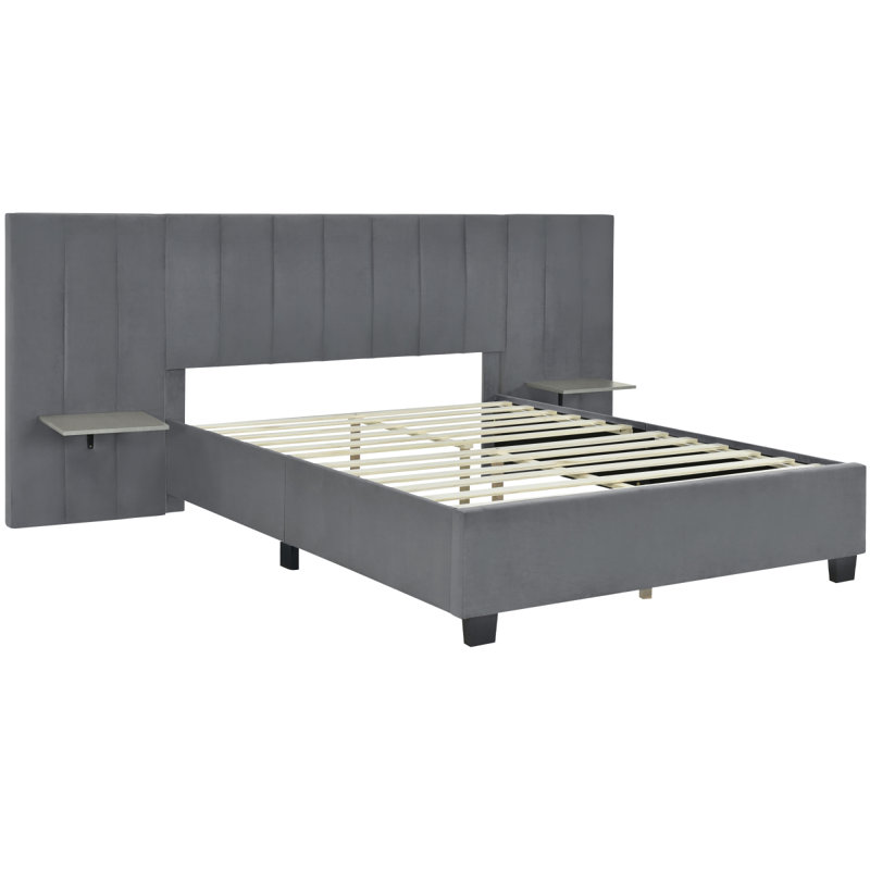 Grand lit plateforme tapissier avec grande tête de lit, mobilier de chambre à coucher, velours, gris