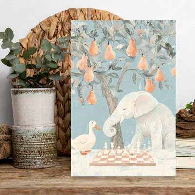 Elephant Duck Chess Game Whimsical Abstract Contemporary Duck Elephant Fruit Nature Wall Art Print 1 Piece Wrapped Canvas Wall Art