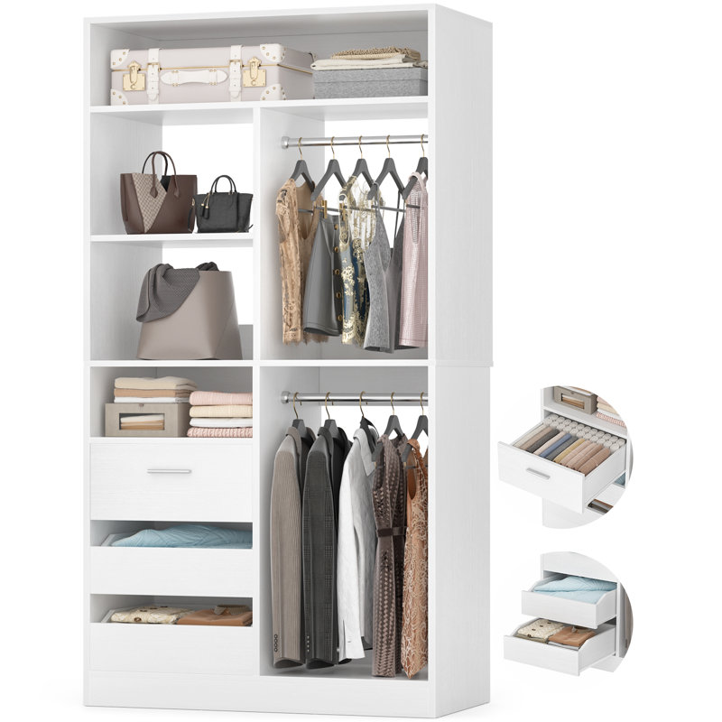 36" Closet System With 3 Drawers And 2 Rods, Shoes Storage With Hutches, White