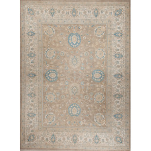 Tapis en laine noué la brun/bleu/beige 8 pi x 12 po main one-of-kind