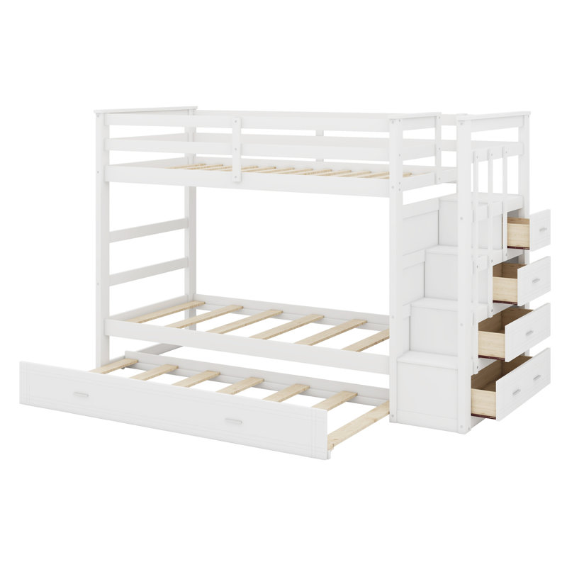 Lit superposé avec lit gigogne et escalier, Blanc