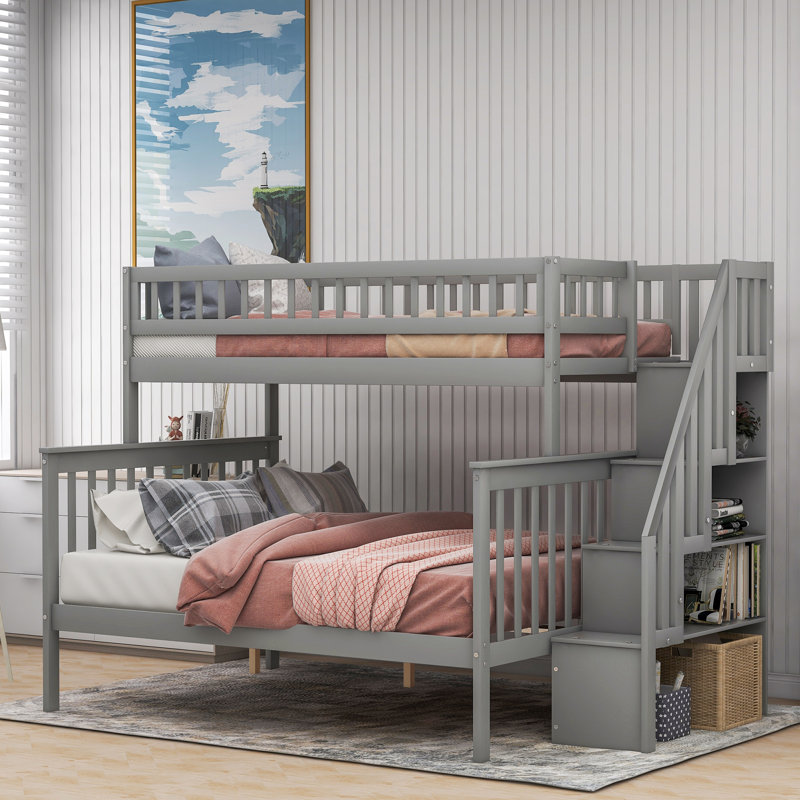 Dossena Standard Bunk Bed with Shelves, Light Gray, Twin over Full