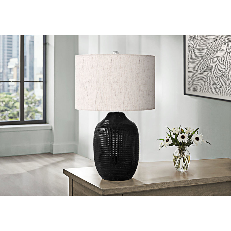 Élégante lampe de table en céramique avec finition glacée texturée et interrupteur rotatif à 3 voies, Noir