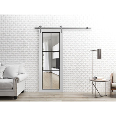 Porte de grange robuste en verre trempé transparent | Lucia 2366 | Ensemble de quincaillerie lourde pour cintres 6,6 pi argenté | Portes intérieures modernes à panneau massif - verre transparent - rail argenté