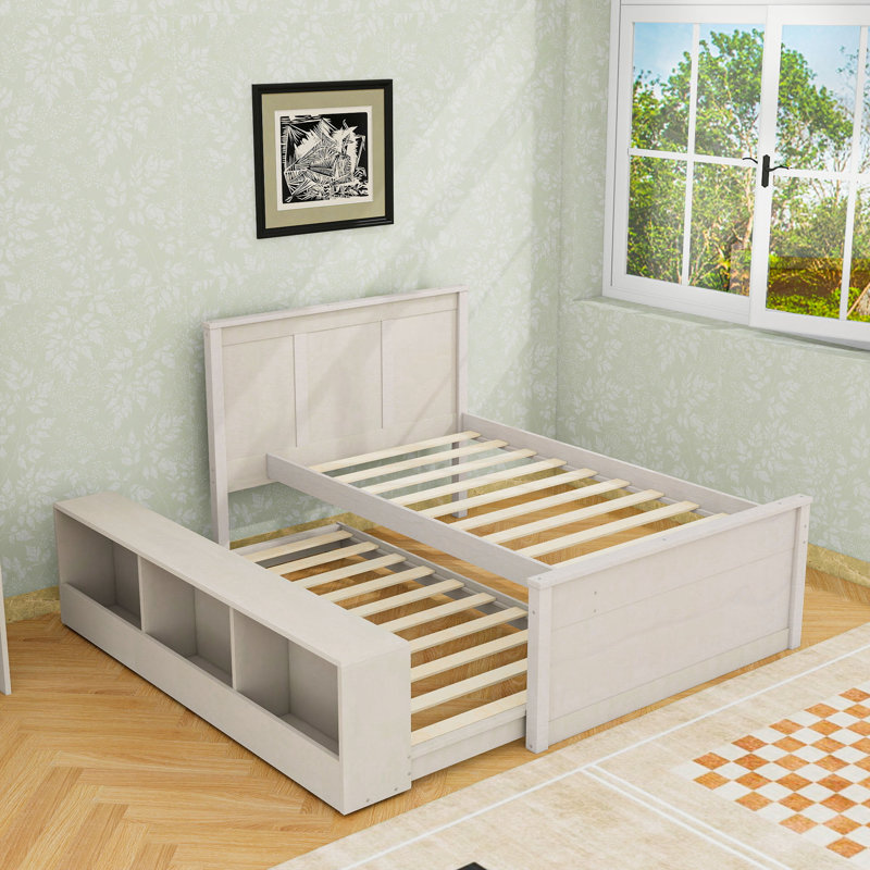 Lit plateforme en bois avec lit gigogne et tablettes de rangement, Blanc, crème, Lit simple