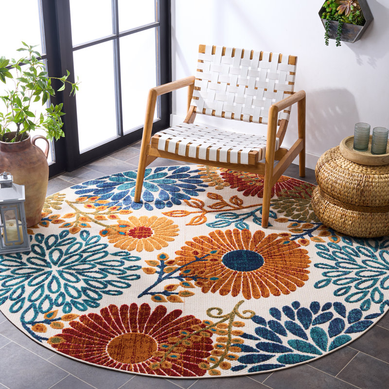 Tapis d'intérieur / extérieur floral Kellems Performance, Rond 6 pi 7 po, Blue/Orange/Cream