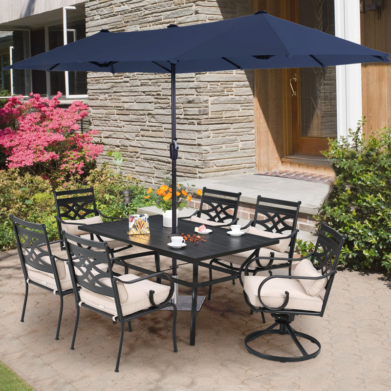 Alyah 6 - Person Outdoor Dining Set with Umbrella Featuring 2 Swivel Chairs, Navy