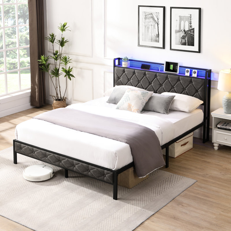 Structure de lit tapissier avec rangement - gris foncé, sans sommier, lattes en métal, revêtement respirant, ressort de tête de lit à DEL gris facile à installer, conception silencieuse, charge pratique