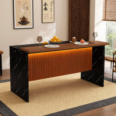 63 Inch Modern Kitchen Island with Marble-Look Surface, LED Lights, Grille Design for Dining Living Room, Black Walnut