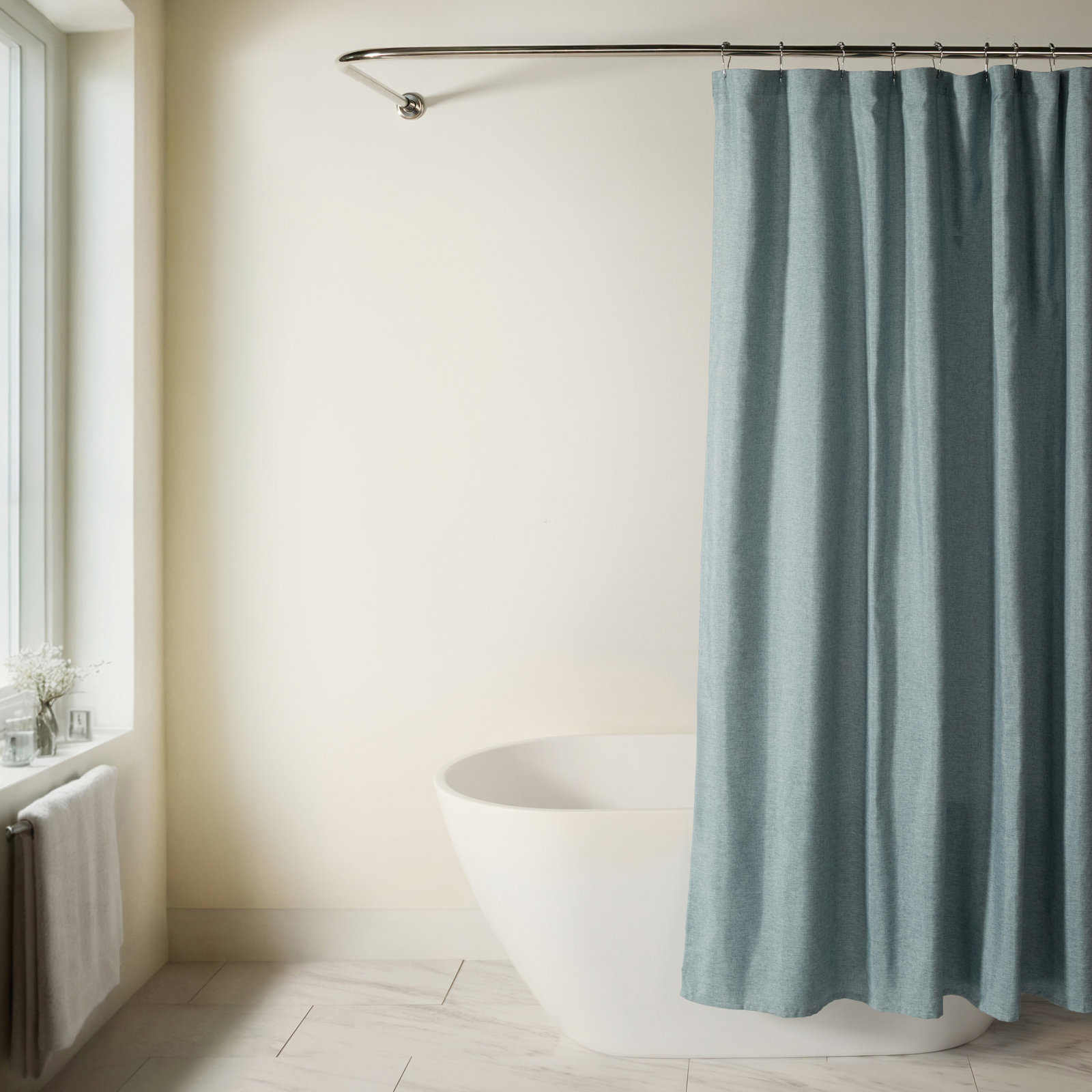 Linen-Look Textured Woven Shower Curtain, Blue