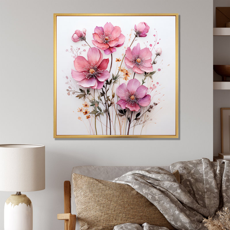Art mural sur toile rose, Cadre flottant doré, H 30 po x l 30 po x P 1 po