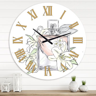 Bouteille de parfum et bouquet de fleurs II - Horloge murale traditionnelle