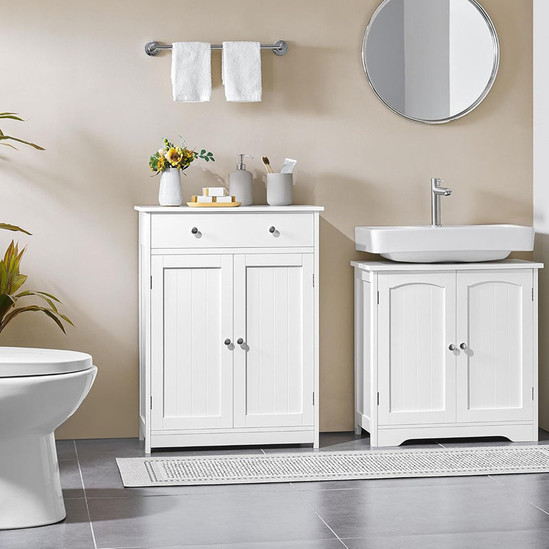 Armoire de rangement autoportante pour salle de bain en bois avec 1 tiroir, 2 portes et tablette réglable, blanc