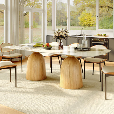 Ensemble de salle à manger rectangulaire de style milieu du siècle, 94 pouces (239 cm), double piétement, avec chaises de cuisine confortables en cuir PU, pour 6 à 10 personnes (7/9/11 pièces).