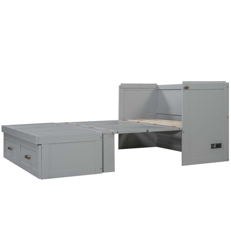 Lit escamotable avec ports USB, grands tiroirs et poignées en métal, Gris, Lit double