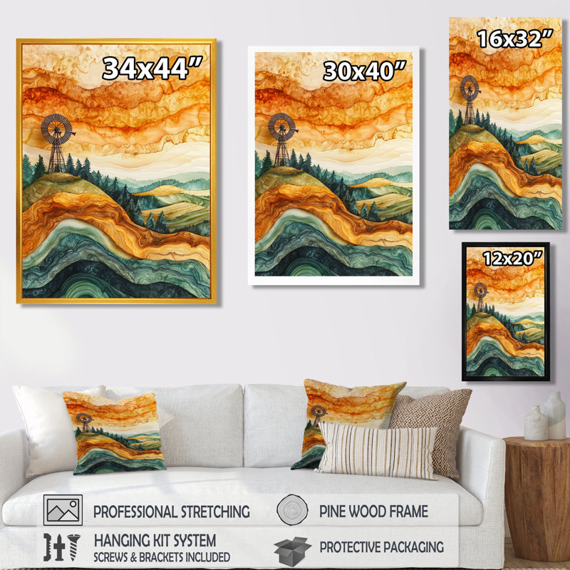 Windmills Into A Summer Field Landscape I - Windmills, art mural, Noir, Impression encadrée sans passe-partout
