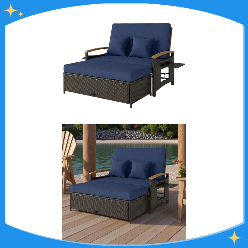 Lit de jour d'extérieur en rotin avec dossier réglable à 4 niveaux, canapé-lit de patio avec repose-pieds de rangement