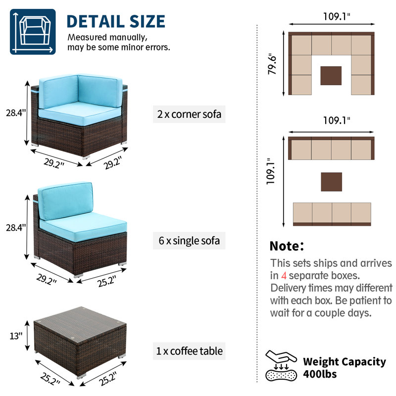 Keolani Wicker 8 - Person Modular Patio Conversation Set with Cushions, Light Blue