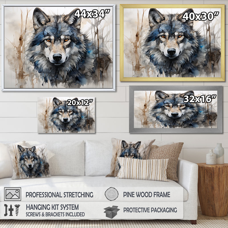 Minimalisme bleu et gris, expression du loup sur toile - loup, Cadre simple noir, H 30 po x l 40 po x P 1,5 po