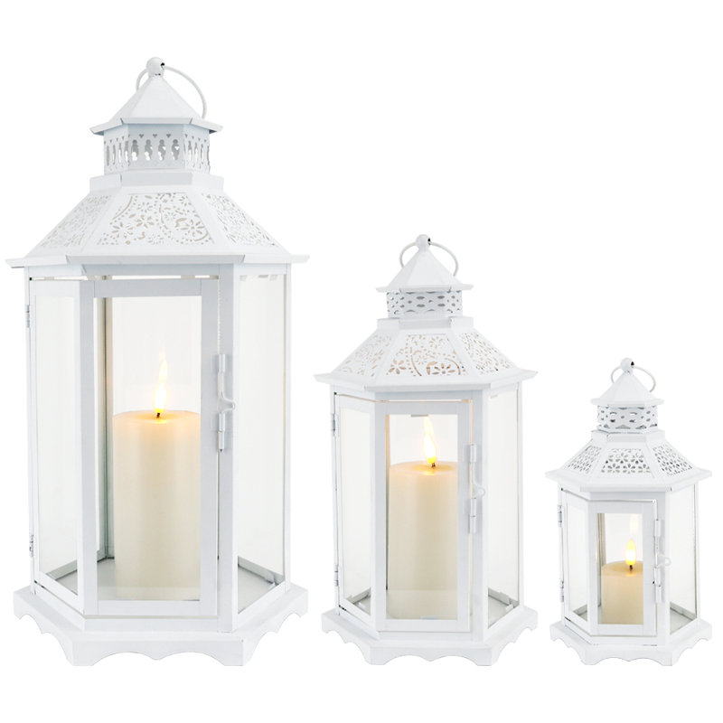 Set of 18'' H Hexagonal Decorative Hanging Lantern, White, 3