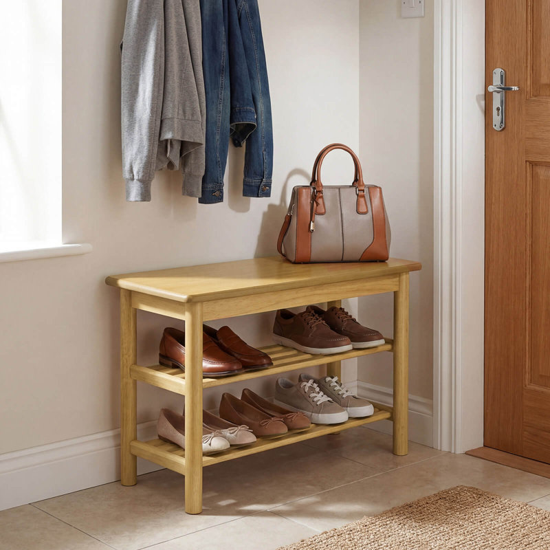 Shoe Rack Bench,3-Tier Rubberwood Freestanding Shoe Changing Bench with Slat Shelves