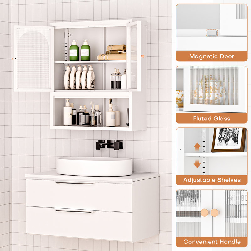 27.6"H Metal Wall Bathroom Cabinet with Adjustable Shelf and Open Storage, White