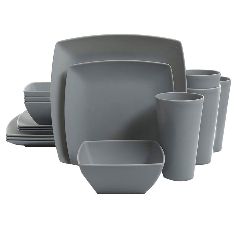 Gibson Home 16pc Square Melamine Dinnerware Plates, Bowls, & Cups, Gray