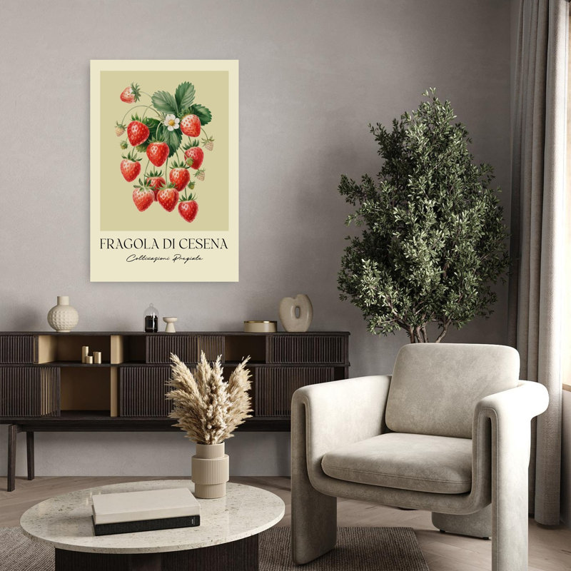 Art mural rétro, fraise et botanique, H 36 po x l 24 po