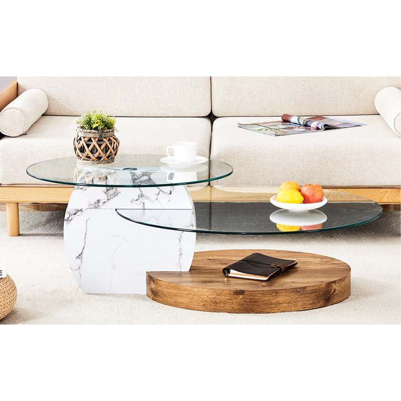 Table basse artistique avec marbre blanc et collision de grain de bois, verre trempé lisse, support, choix de couleurs multiples, motif double base double contemporain, rayure ovale, facile à