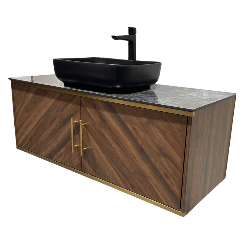 Meuble-lavabo mural moderne 48 po avec plateau en pierre frittée noir brillant, armoires flottantes en bois brun