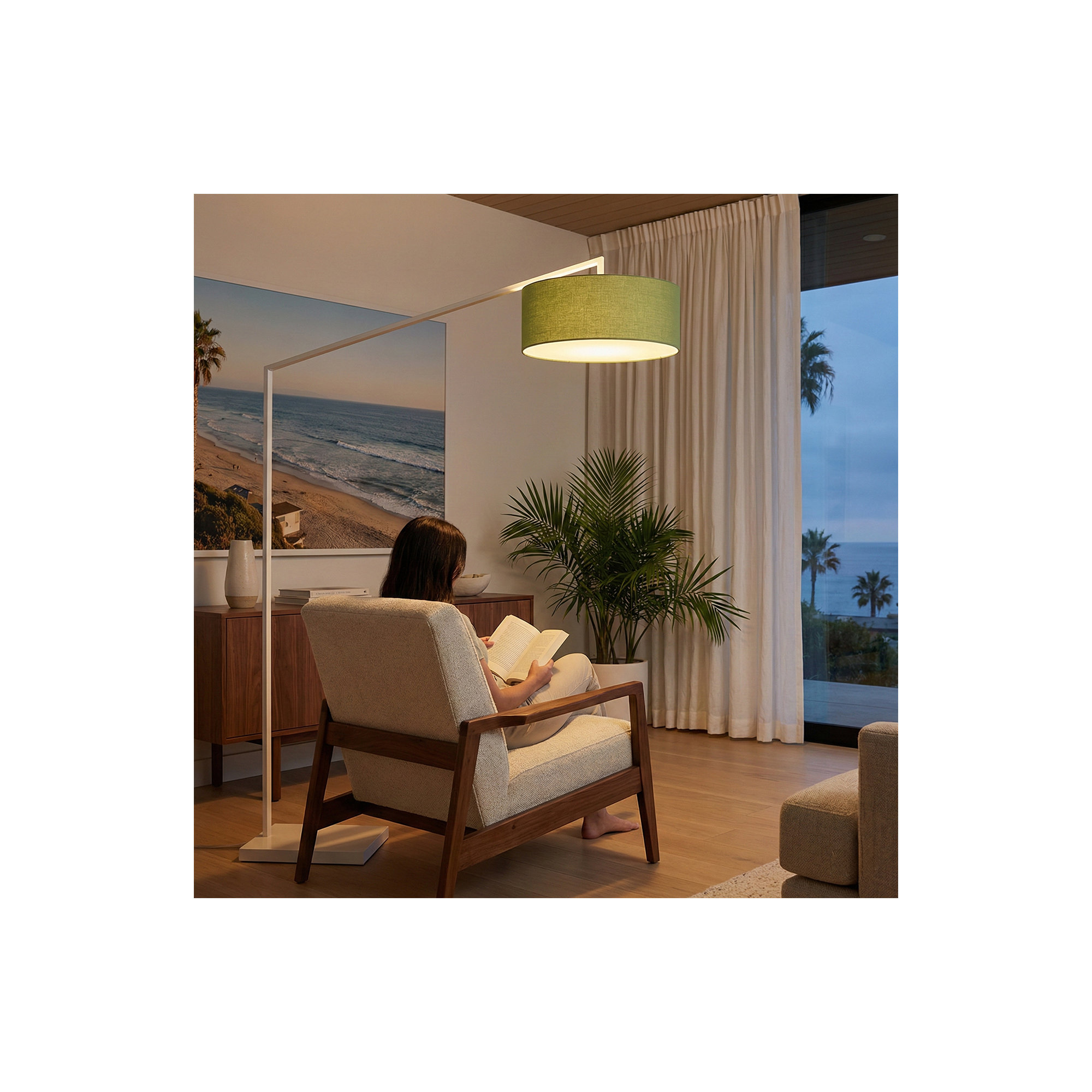 Stretch 87" Arc Floor Lamp, Drum Shade & Body, Dimmable, Avocado