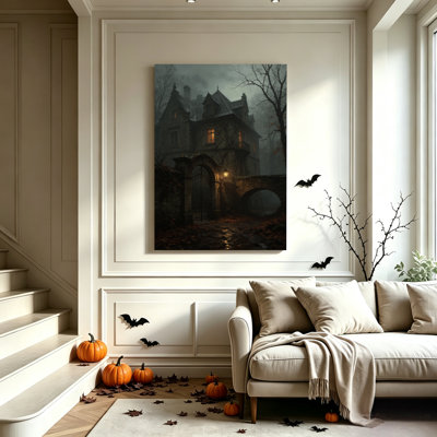 Tableau sur toile d'Halloween 40 x 60 cm. Manoir gothique enveloppé de brume, fenêtres illuminées, grille en fer forgé. Impression sur toile Dark Fantasy. Décoration murale moderne pour chambre, salon et bureau.