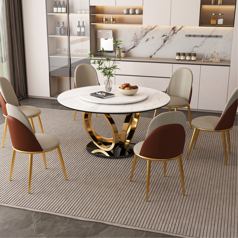 Table de cuisine ronde de 53 po, table tournante exquise rotative à 360 °, pierre frittée à la chaleur, design américain, 6 sièges, table de salle à manger blanche, plateau en pierre, convient à l'or et au noir